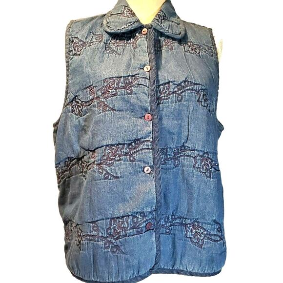 Paul Harris Puffer Vest Size L Denim Embroidered Quilted Button Vintage Retro - Picture 1 of 9